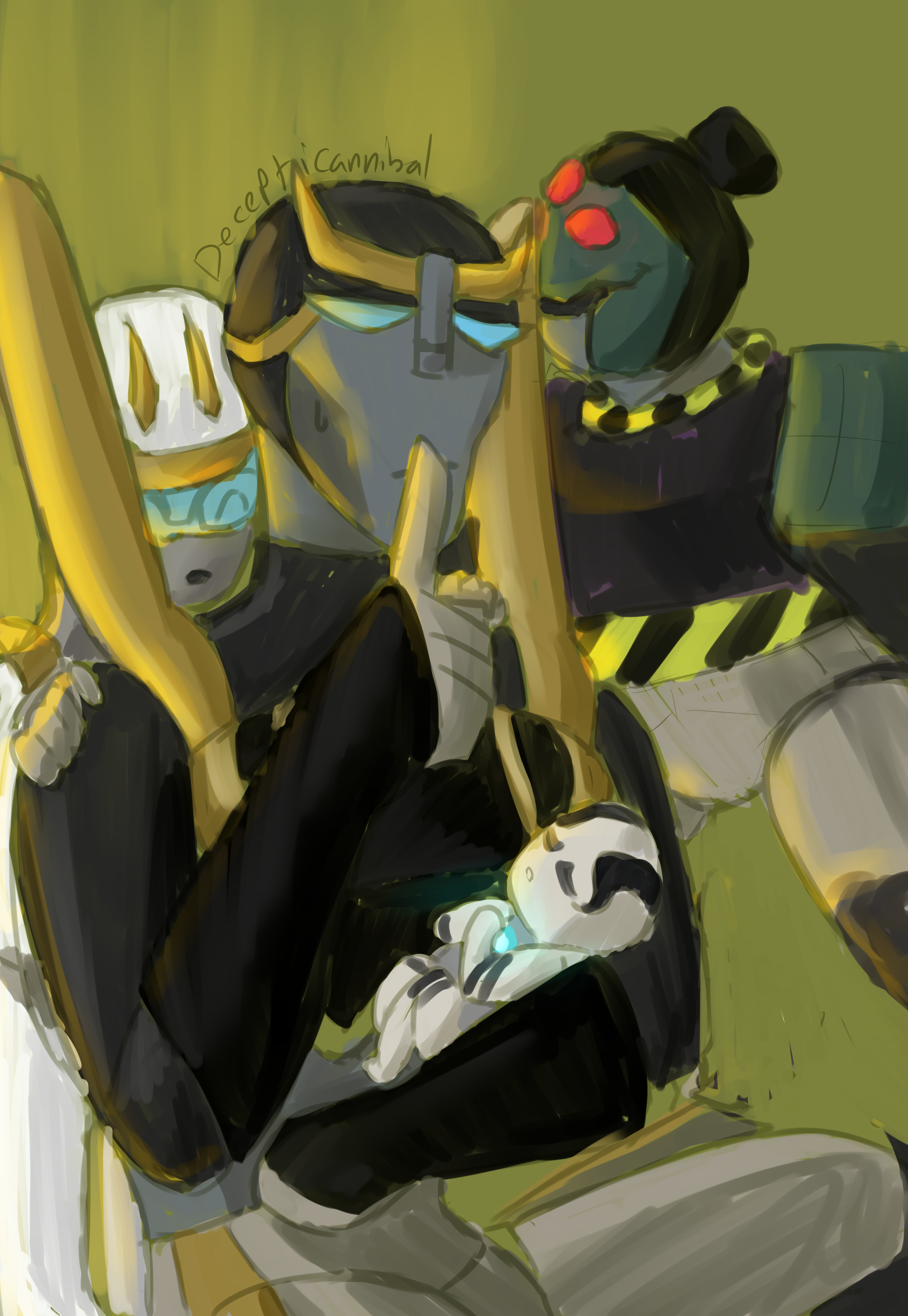 Prowl holding a pupal Stalk while mechling Hark watches him and Lurch plays behind him.